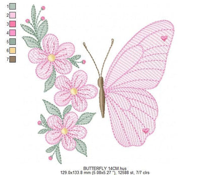 Butterfly embroidery designs - Flower machine embroidery pattern - Floral Kitchen towel file - Instant digital download pes jef dst hus vp3