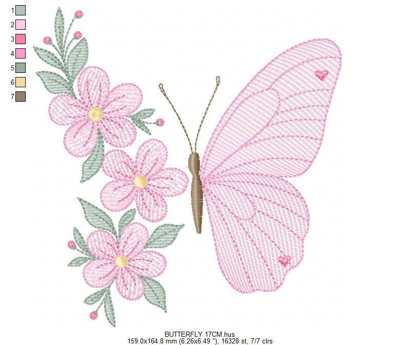 Butterfly embroidery designs - Flower machine embroidery pattern - Floral Kitchen towel file - Instant digital download pes jef dst hus vp3