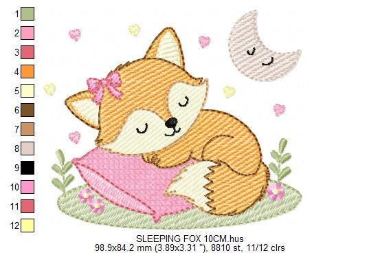 Sleeping Red Fox embroidery designs - Woodland animal with moon and flowers machine embroidery pattern - Baby girl file - Instant download