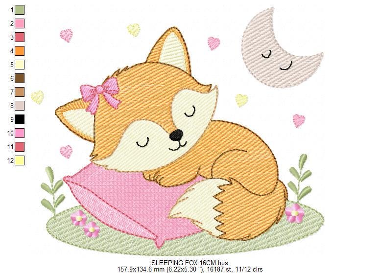 Sleeping Red Fox embroidery designs - Woodland animal with moon and flowers machine embroidery pattern - Baby girl file - Instant download