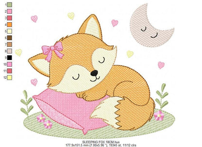 Sleeping Red Fox embroidery designs - Woodland animal with moon and flowers machine embroidery pattern - Baby girl file - Instant download