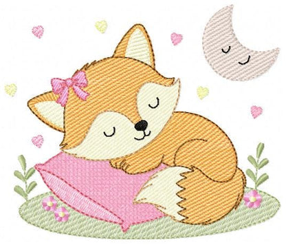 Sleeping Red Fox embroidery designs - Woodland animal with moon and flowers machine embroidery pattern - Baby girl file - Instant download