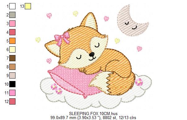 Sleeping Red Fox embroidery designs - Woodland animal with pillow and moon machine embroidery pattern - Baby girl file - Instant download
