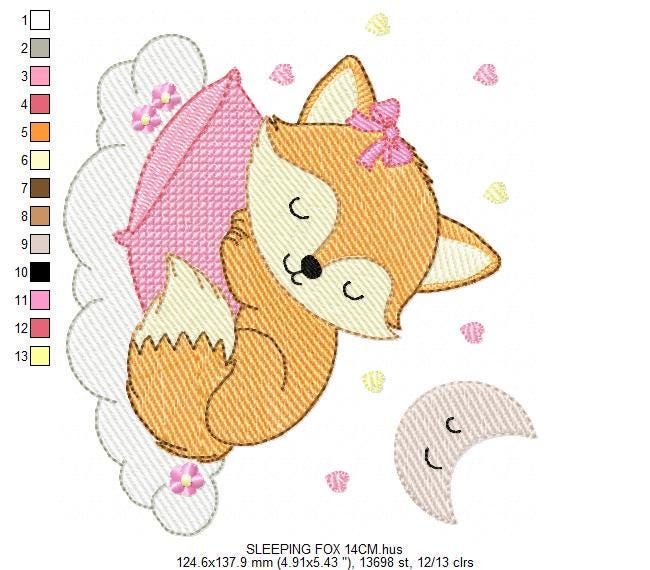 Sleeping Red Fox embroidery designs - Woodland animal with pillow and moon machine embroidery pattern - Baby girl file - Instant download