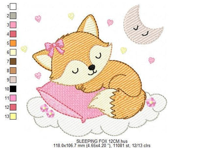 Sleeping Red Fox embroidery designs - Woodland animal with pillow and moon machine embroidery pattern - Baby girl file - Instant download