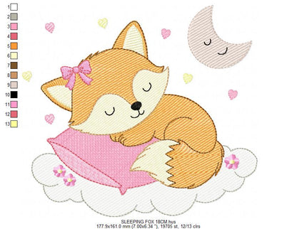 Sleeping Red Fox embroidery designs - Woodland animal with pillow and moon machine embroidery pattern - Baby girl file - Instant download