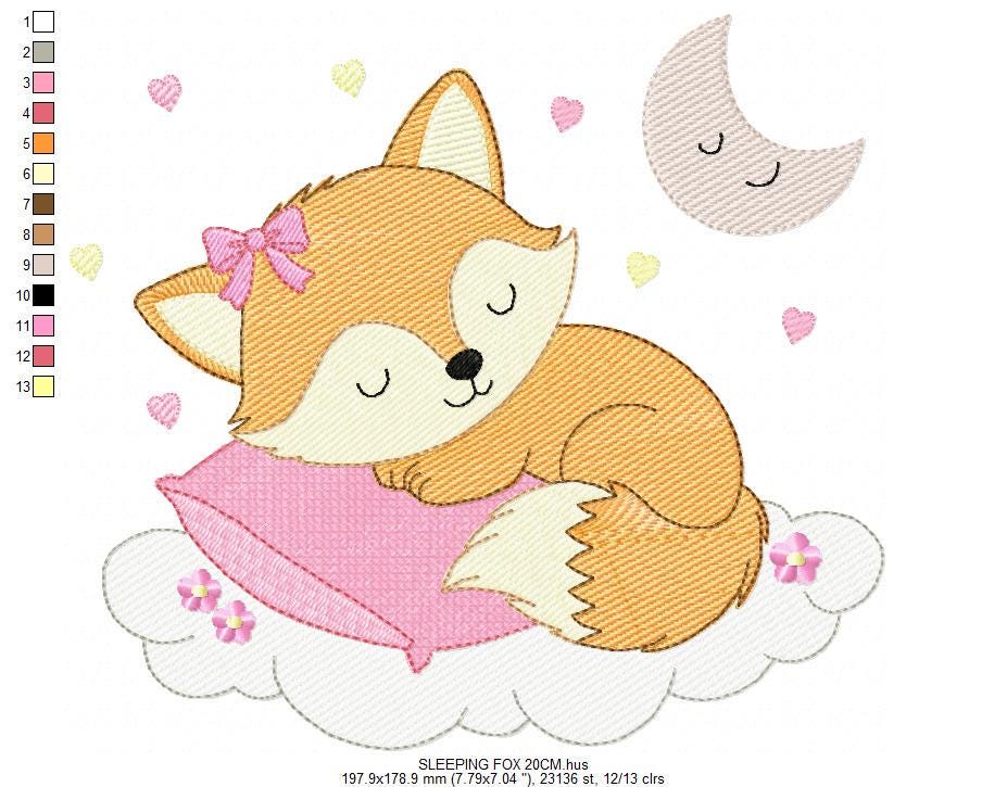 Sleeping Red Fox embroidery designs - Woodland animal with pillow and moon machine embroidery pattern - Baby girl file - Instant download