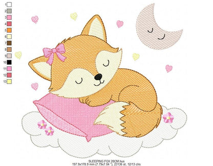 Sleeping Red Fox embroidery designs - Woodland animal with pillow and moon machine embroidery pattern - Baby girl file - Instant download