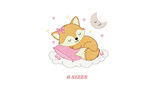 Sleeping Red Fox embroidery designs - Woodland animal with pillow and moon machine embroidery pattern - Baby girl file - Instant download
