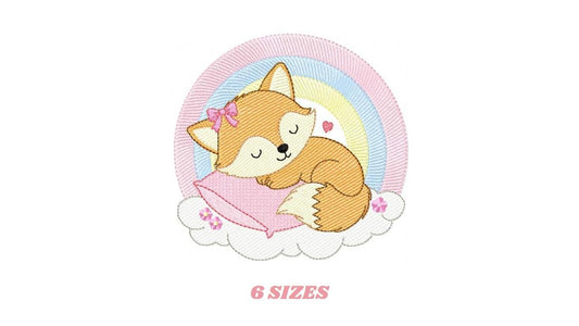Sleeping Red Fox embroidery designs - Woodland animal with rainbow and hearts machine embroidery pattern - Baby girl file - Instant download