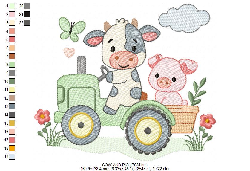 Cow with pig driving tractor embroidery design - Farm Animal machine embroidery pattern - Baby girl and boy file - Instant digital download