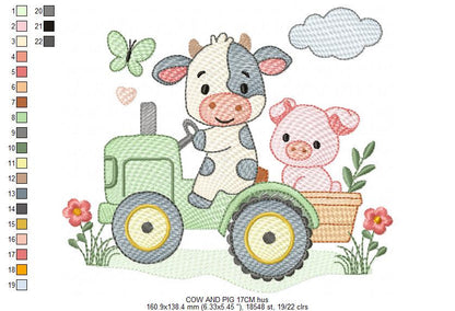 Cow with pig driving tractor embroidery design - Farm Animal machine embroidery pattern - Baby girl and boy file - Instant digital download