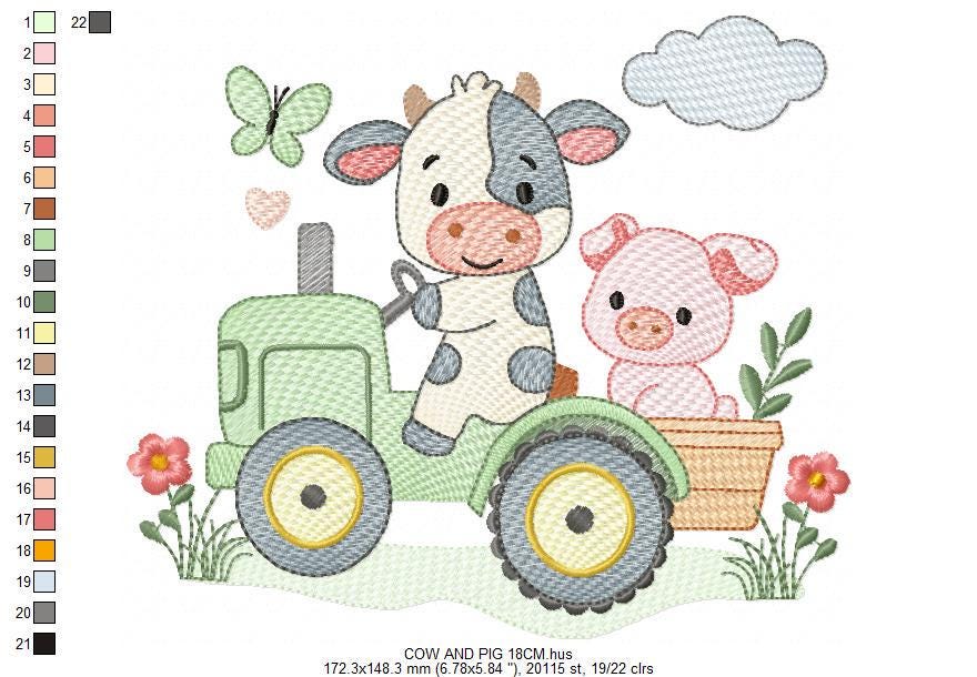 Cow with pig driving tractor embroidery design - Farm Animal machine embroidery pattern - Baby girl and boy file - Instant digital download