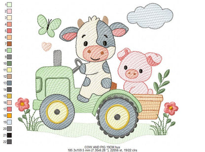 Cow with pig driving tractor embroidery design - Farm Animal machine embroidery pattern - Baby girl and boy file - Instant digital download
