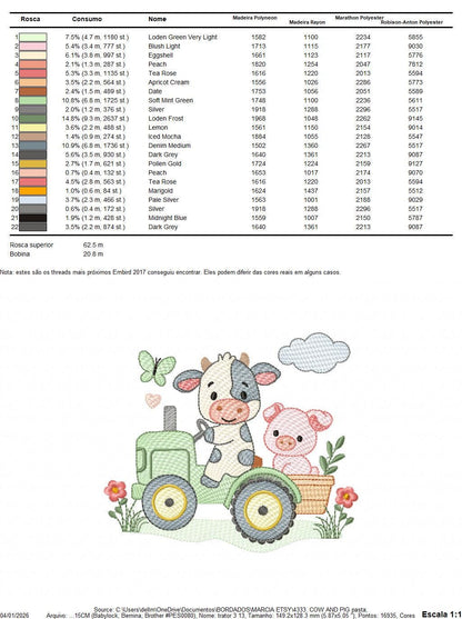 Cow with pig driving tractor embroidery design - Farm Animal machine embroidery pattern - Baby girl and boy file - Instant digital download