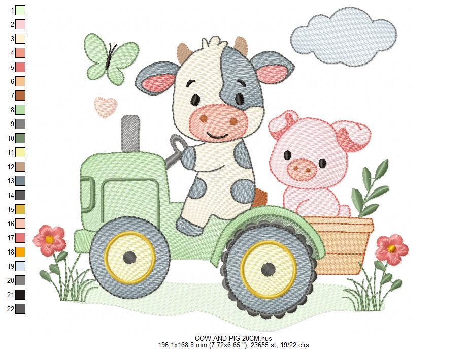 Cow with pig driving tractor embroidery design - Farm Animal machine embroidery pattern - Baby girl and boy file - Instant digital download