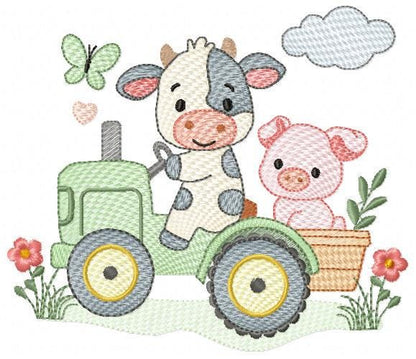 Cow with pig driving tractor embroidery design - Farm Animal machine embroidery pattern - Baby girl and boy file - Instant digital download