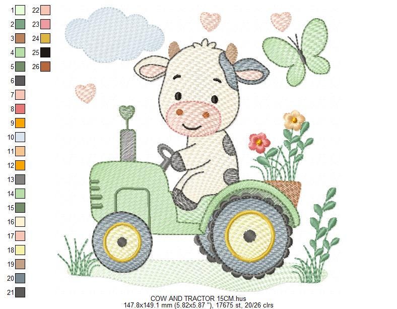 Cow driving tractor embroidery design - Farm Animal machine embroidery pattern - Baby girl and boy file - Instant digital download pes jef