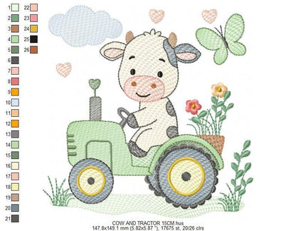 Cow driving tractor embroidery design - Farm Animal machine embroidery pattern - Baby girl and boy file - Instant digital download pes jef