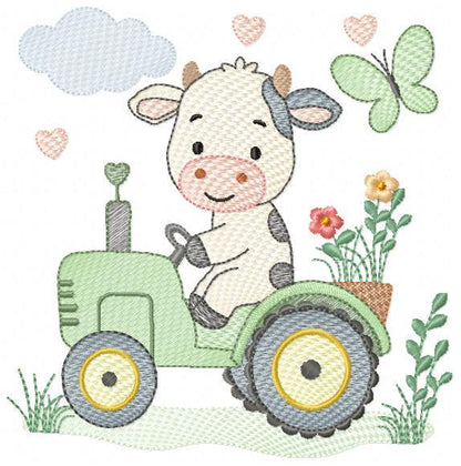Cow driving tractor embroidery design - Farm Animal machine embroidery pattern - Baby girl and boy file - Instant digital download pes jef
