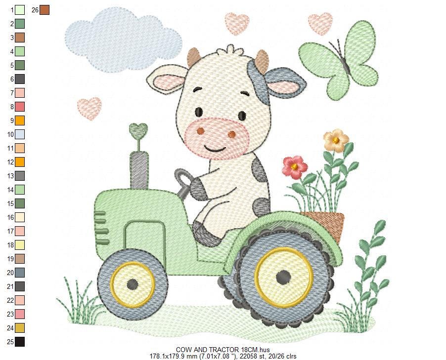 Cow driving tractor embroidery design - Farm Animal machine embroidery pattern - Baby girl and boy file - Instant digital download pes jef