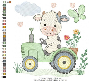 Cow driving tractor embroidery design - Farm Animal machine embroidery pattern - Baby girl and boy file - Instant digital download pes jef