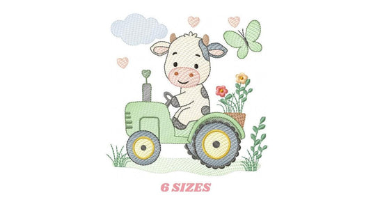 Cow driving tractor embroidery design - Farm Animal machine embroidery pattern - Baby girl and boy file - Instant digital download pes jef