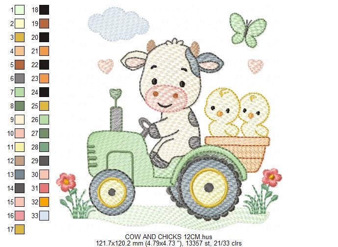 Cow with chickens driving tractor embroidery design - Farm Animal machine embroidery pattern - Baby girl and boy file - Instant download pes