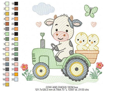Cow with chickens driving tractor embroidery design - Farm Animal machine embroidery pattern - Baby girl and boy file - Instant download pes