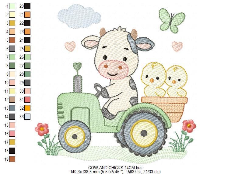 Cow with chickens driving tractor embroidery design - Farm Animal machine embroidery pattern - Baby girl and boy file - Instant download pes