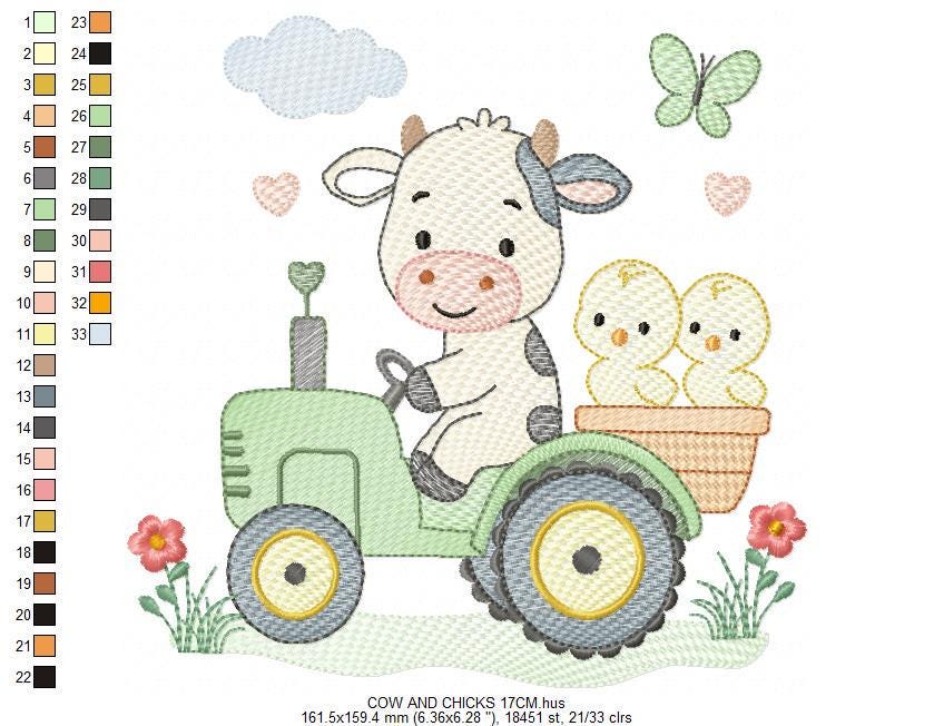 Cow with chickens driving tractor embroidery design - Farm Animal machine embroidery pattern - Baby girl and boy file - Instant download pes
