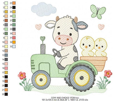 Cow with chickens driving tractor embroidery design - Farm Animal machine embroidery pattern - Baby girl and boy file - Instant download pes