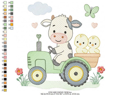 Cow with chickens driving tractor embroidery design - Farm Animal machine embroidery pattern - Baby girl and boy file - Instant download pes