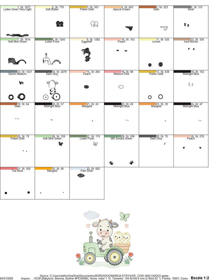 Cow with chickens driving tractor embroidery design - Farm Animal machine embroidery pattern - Baby girl and boy file - Instant download pes