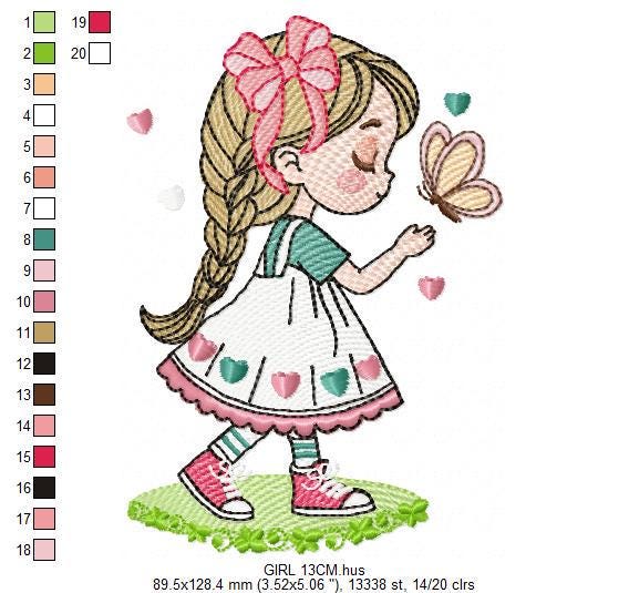 Baby girl embroidery designs - Girl with long hair braid machine embroidery pattern - Princess with butterfly file - Instant download pes
