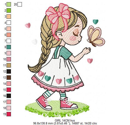Baby girl embroidery designs - Girl with long hair braid machine embroidery pattern - Princess with butterfly file - Instant download pes