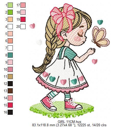 Baby girl embroidery designs - Girl with long hair braid machine embroidery pattern - Princess with butterfly file - Instant download pes