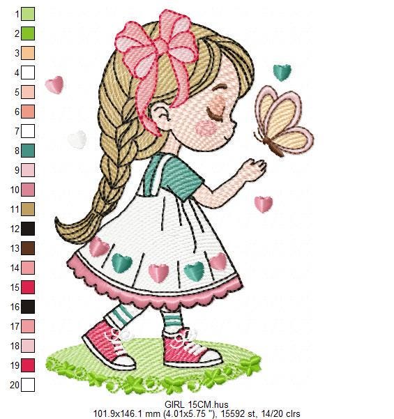 Baby girl embroidery designs - Girl with long hair braid machine embroidery pattern - Princess with butterfly file - Instant download pes
