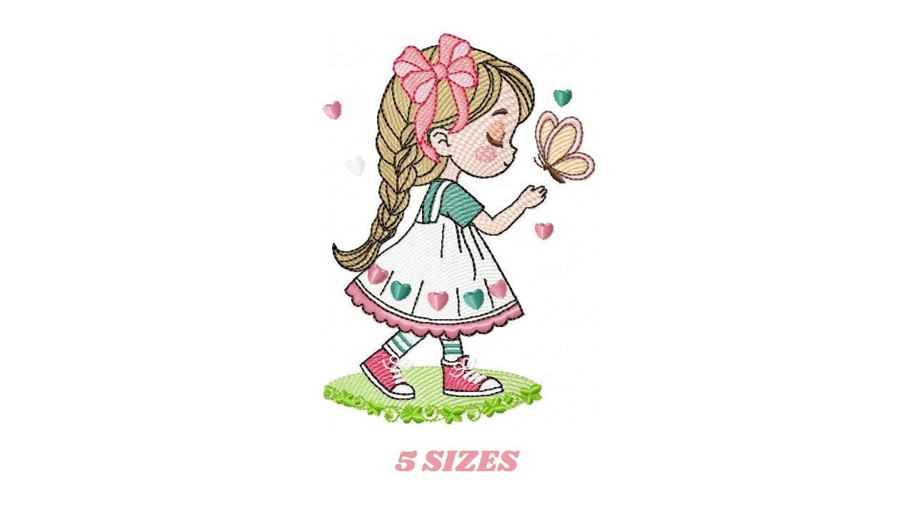 Baby girl embroidery designs - Girl with long hair braid machine embroidery pattern - Princess with butterfly file - Instant download pes