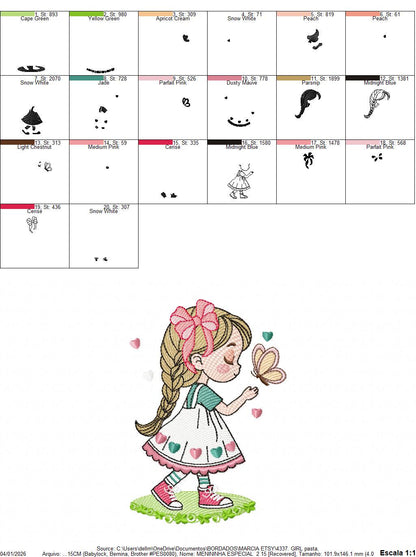 Baby girl embroidery designs - Girl with long hair braid machine embroidery pattern - Princess with butterfly file - Instant download pes