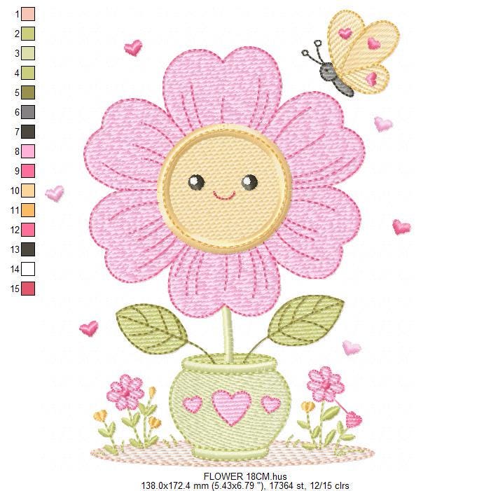 Flower with happy face embroidery designs - Flowerpot machine embroidery pattern - Floral Grandma Kitchen Towel - Instant download pes jef