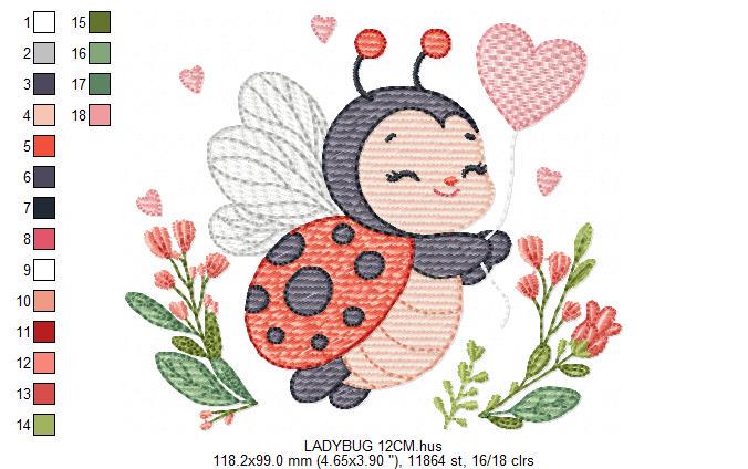 Ladybug embroidery designs - Garden Animal with heart and flowers machine embroidery pattern - Baby Girl Insect life file - Instant download
