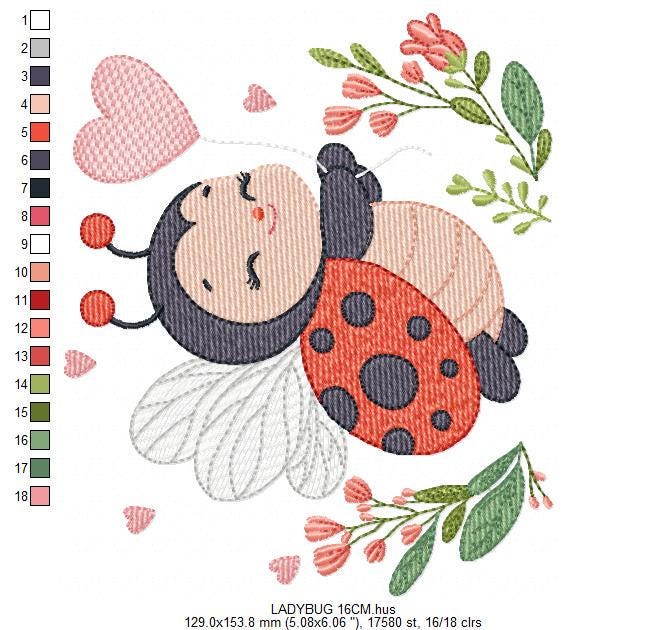 Ladybug embroidery designs - Garden Animal with heart and flowers machine embroidery pattern - Baby Girl Insect life file - Instant download