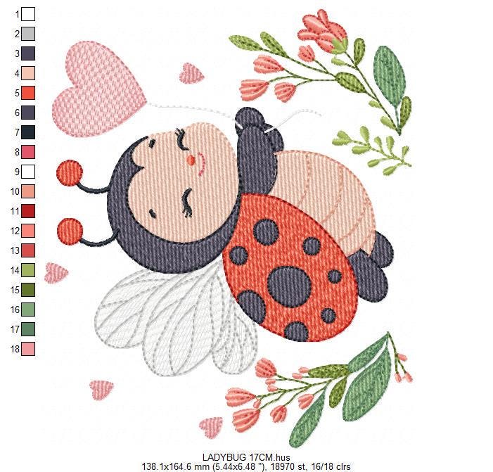Ladybug embroidery designs - Garden Animal with heart and flowers machine embroidery pattern - Baby Girl Insect life file - Instant download