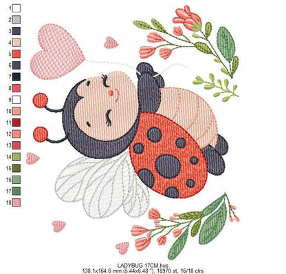 Ladybug embroidery designs - Garden Animal with heart and flowers machine embroidery pattern - Baby Girl Insect life file - Instant download