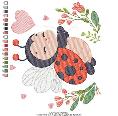 Ladybug embroidery designs - Garden Animal with heart and flowers machine embroidery pattern - Baby Girl Insect life file - Instant download