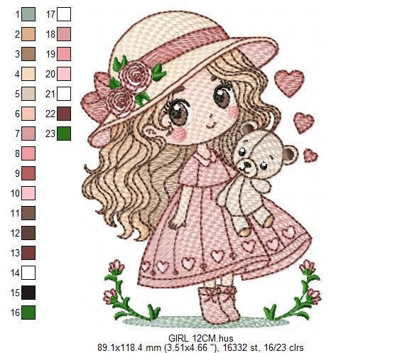 Baby girl with teddy bear embroidery designs - Princess with roses, long hair and hat machine embroidery pattern - Instant digital download