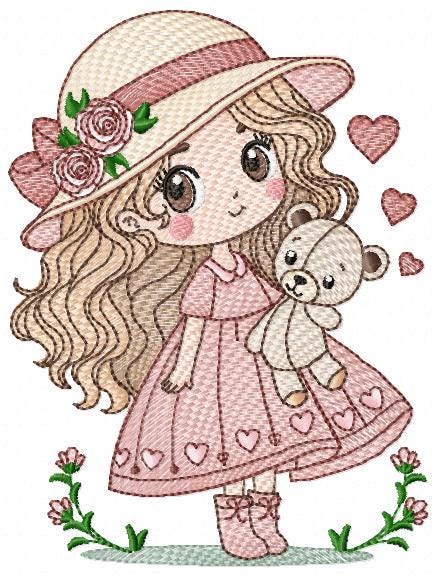 Baby girl with teddy bear embroidery designs - Princess with roses, long hair and hat machine embroidery pattern - Instant digital download