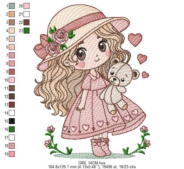 Baby girl with teddy bear embroidery designs - Princess with roses, long hair and hat machine embroidery pattern - Instant digital download