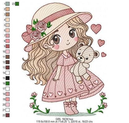 Baby girl with teddy bear embroidery designs - Princess with roses, long hair and hat machine embroidery pattern - Instant digital download
